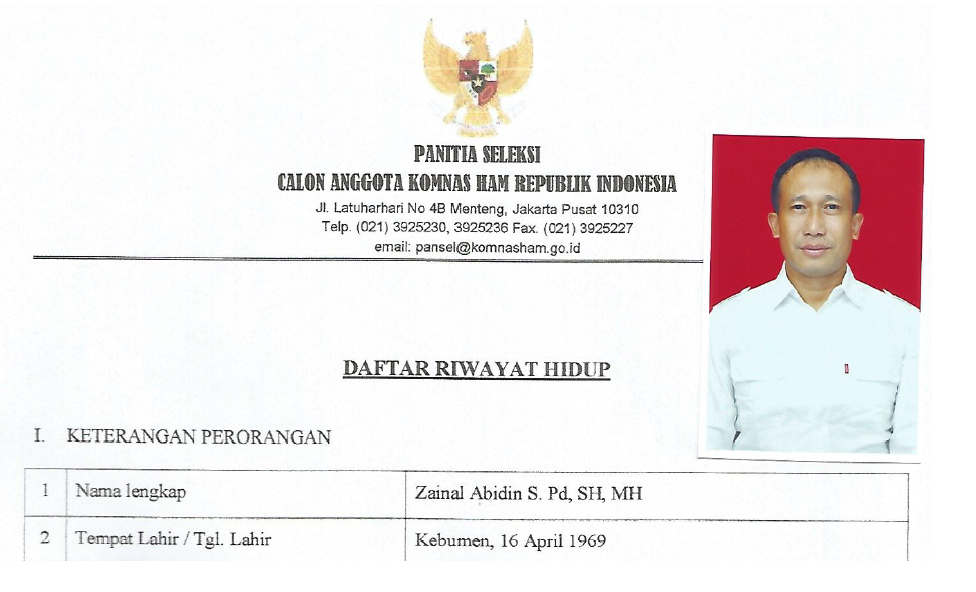 Formulir pendaftaran anggota Komnas HAM milik Zainal Abidin (Foto: istimewa)